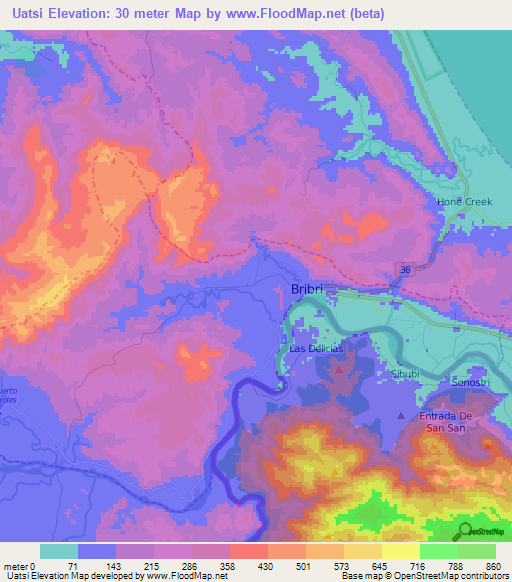 Uatsi,Costa Rica Elevation Map