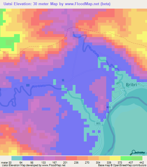 Uatsi,Costa Rica Elevation Map