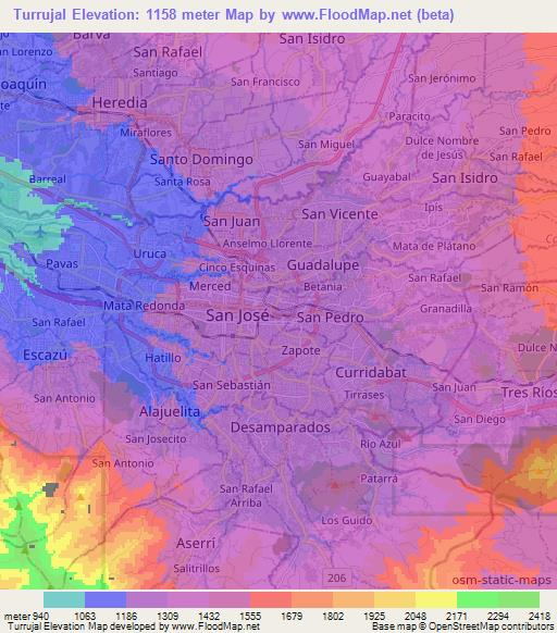 Turrujal,Costa Rica Elevation Map