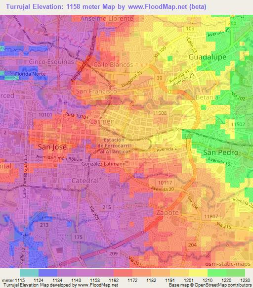 Turrujal,Costa Rica Elevation Map