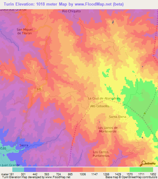 Turin,Costa Rica Elevation Map