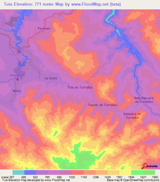 Tuis,Costa Rica Elevation Map