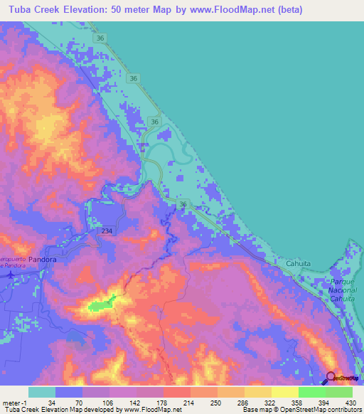 Tuba Creek,Costa Rica Elevation Map