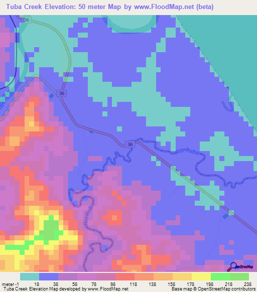Tuba Creek,Costa Rica Elevation Map