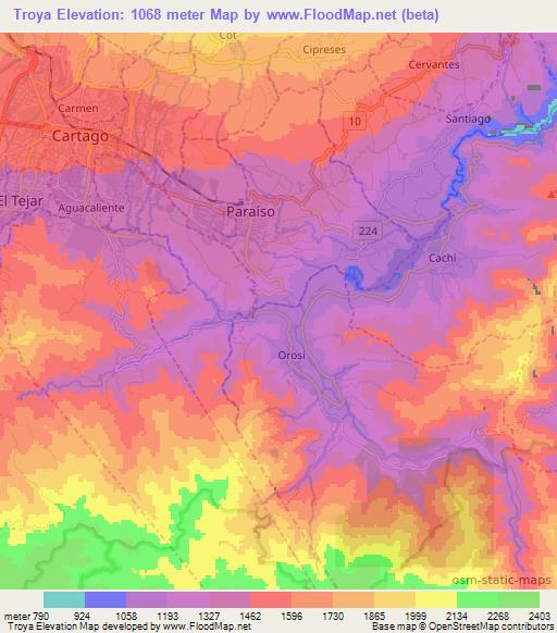 Troya,Costa Rica Elevation Map