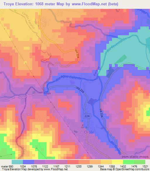 Troya,Costa Rica Elevation Map