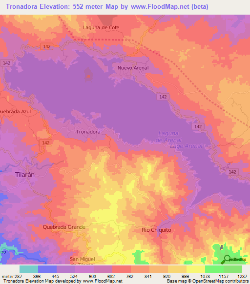 Tronadora,Costa Rica Elevation Map