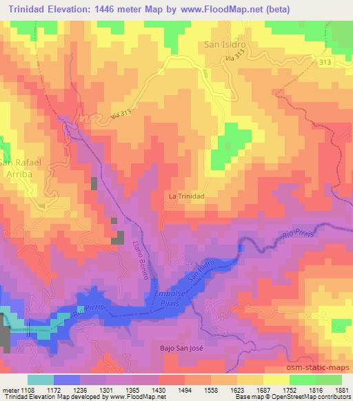 Trinidad,Costa Rica Elevation Map