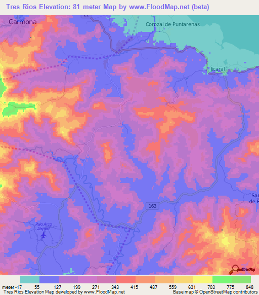 Tres Rios,Costa Rica Elevation Map
