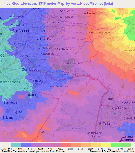 Tres Rios,Costa Rica Elevation Map