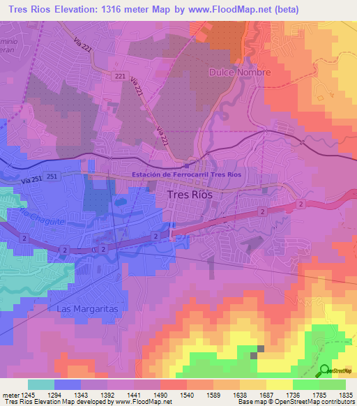 Tres Rios,Costa Rica Elevation Map