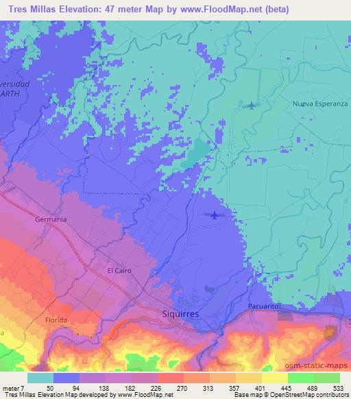Tres Millas,Costa Rica Elevation Map
