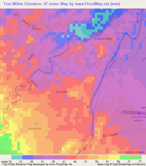 Tres Millas,Costa Rica Elevation Map