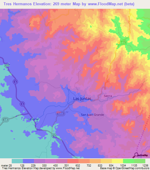 Tres Hermanos,Costa Rica Elevation Map