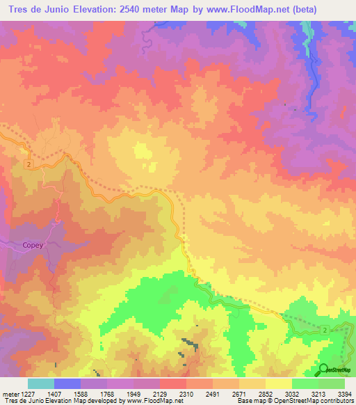 Tres de Junio,Costa Rica Elevation Map