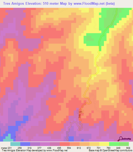 Tres Amigos,Costa Rica Elevation Map