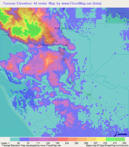 Trenzas,Costa Rica Elevation Map