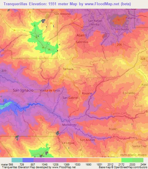 Tranquerillas,Costa Rica Elevation Map