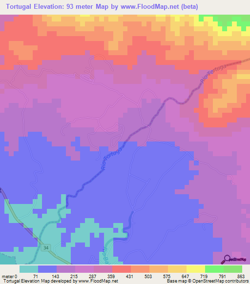 Tortugal,Costa Rica Elevation Map