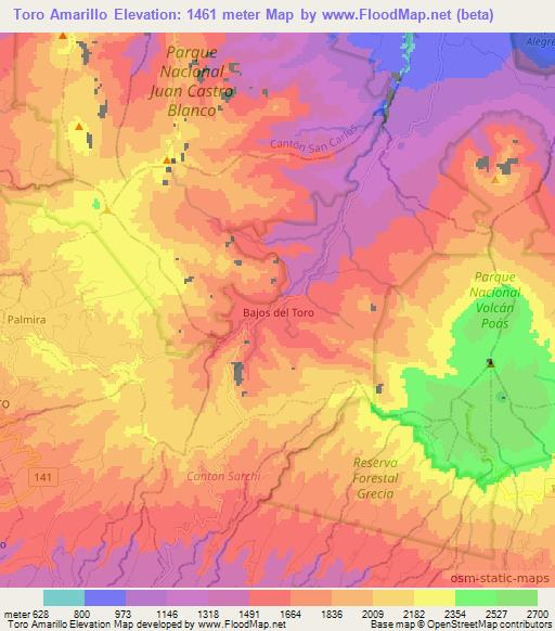 Toro Amarillo,Costa Rica Elevation Map