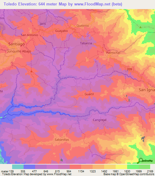 Toledo,Costa Rica Elevation Map