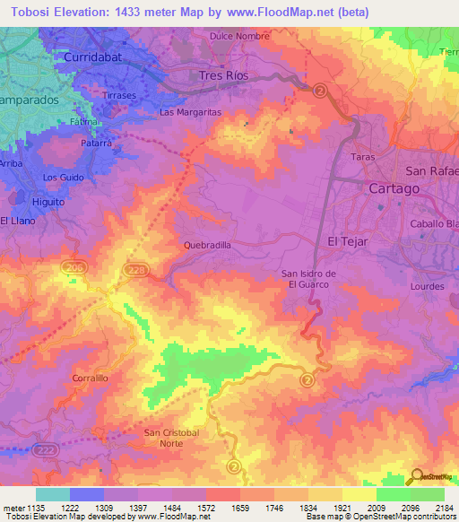 Tobosi,Costa Rica Elevation Map