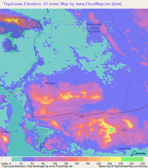 Tiquirusas,Costa Rica Elevation Map