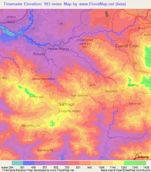 Tinamaste,Costa Rica Elevation Map