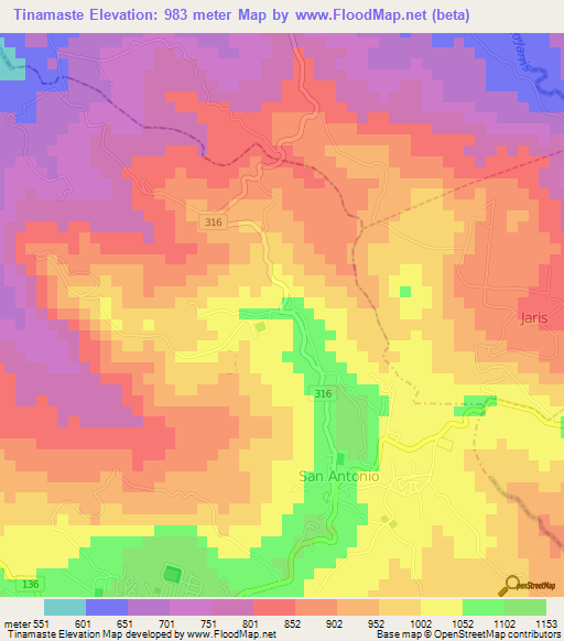 Tinamaste,Costa Rica Elevation Map