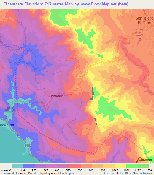 Tinamaste,Costa Rica Elevation Map