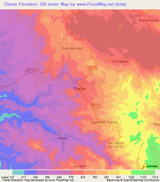 Tilaran,Costa Rica Elevation Map