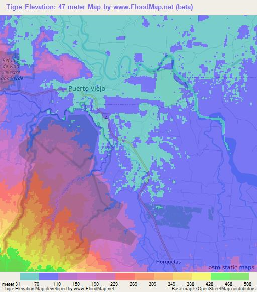 Tigre,Costa Rica Elevation Map