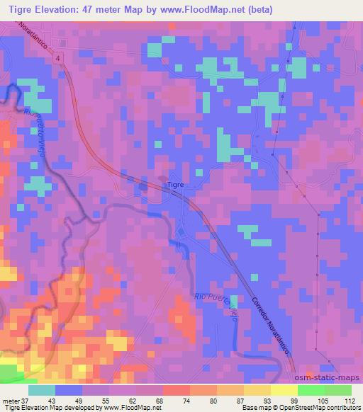 Tigre,Costa Rica Elevation Map