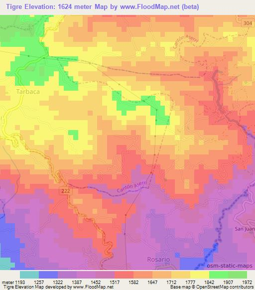 Tigre,Costa Rica Elevation Map