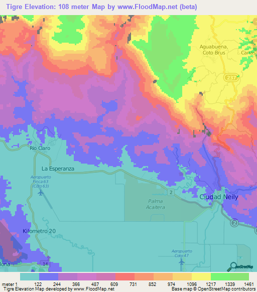 Tigre,Costa Rica Elevation Map