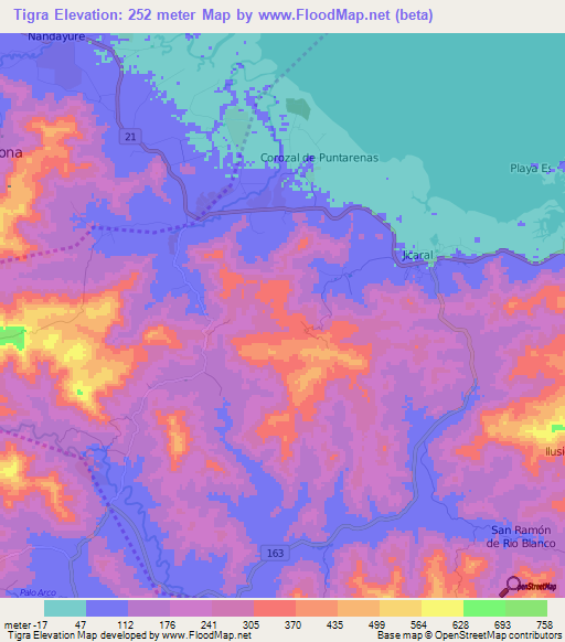 Tigra,Costa Rica Elevation Map