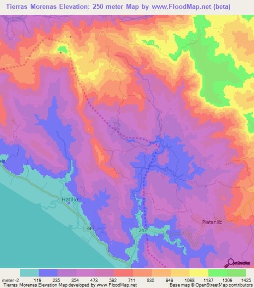 Tierras Morenas,Costa Rica Elevation Map