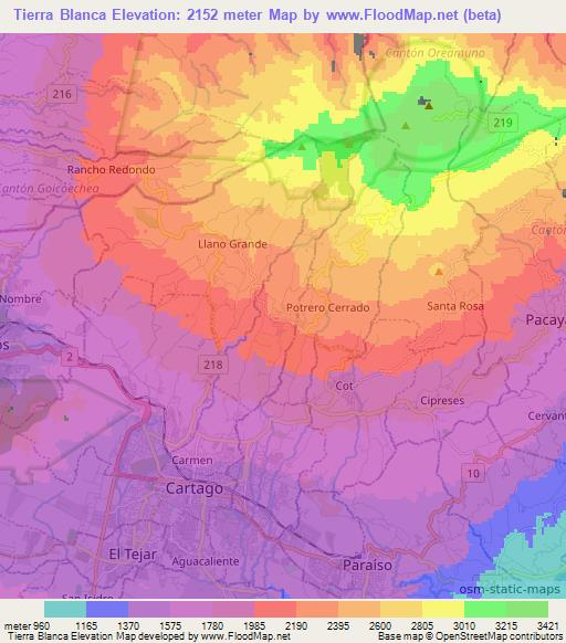 Tierra Blanca,Costa Rica Elevation Map