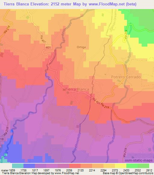 Tierra Blanca,Costa Rica Elevation Map