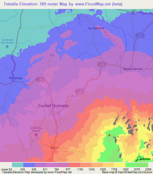 Tetsalia,Costa Rica Elevation Map