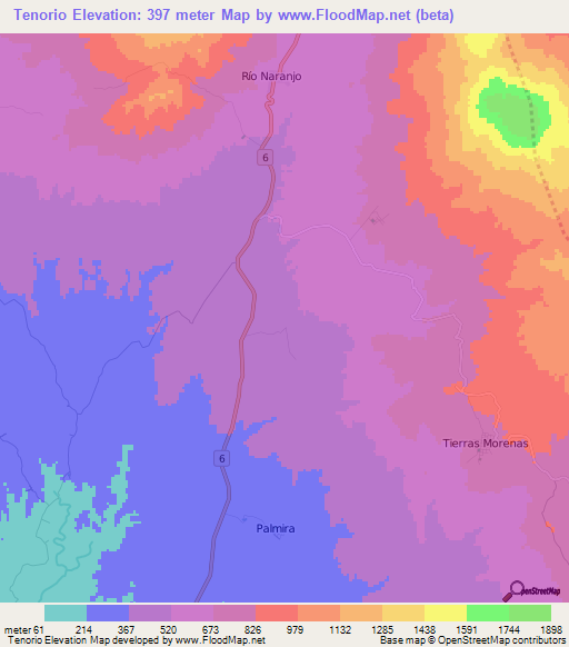 Tenorio,Costa Rica Elevation Map