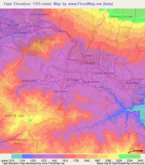 Tejar,Costa Rica Elevation Map