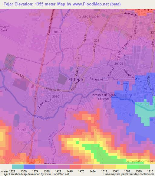 Tejar,Costa Rica Elevation Map