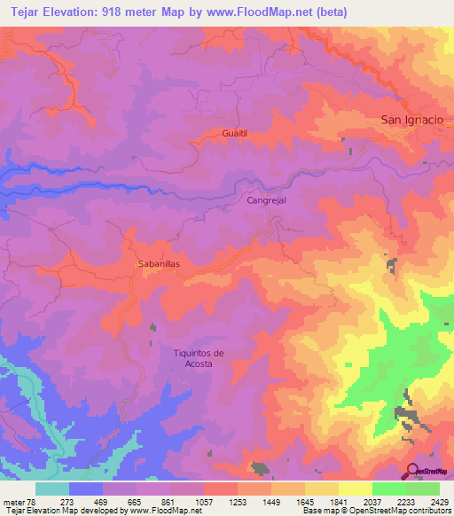 Tejar,Costa Rica Elevation Map