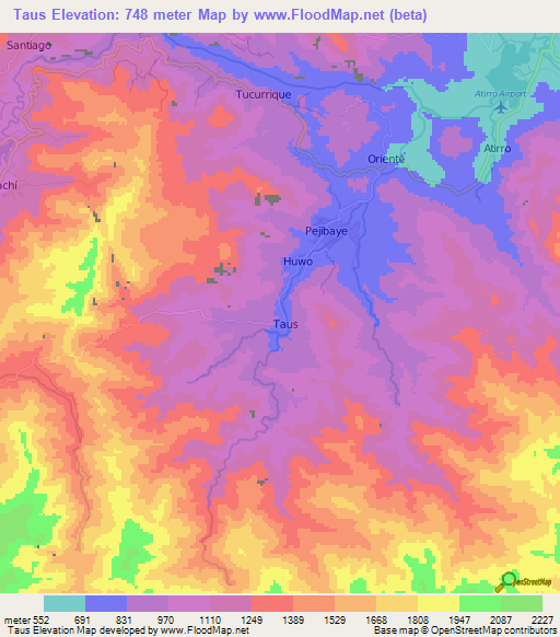 Taus,Costa Rica Elevation Map
