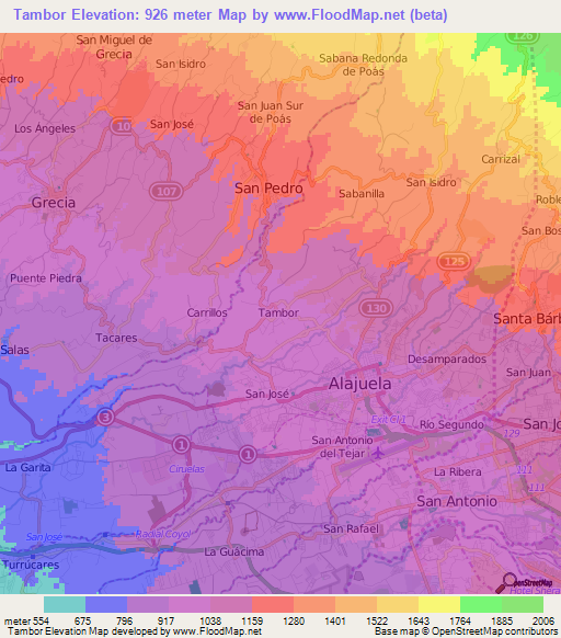 Tambor,Costa Rica Elevation Map