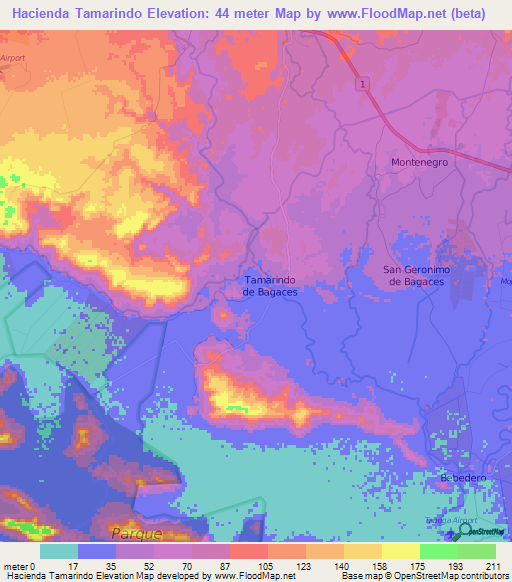 Hacienda Tamarindo,Costa Rica Elevation Map