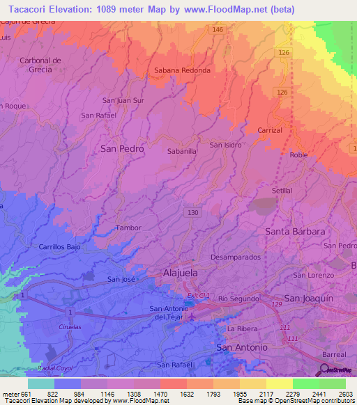 Tacacori,Costa Rica Elevation Map