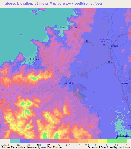 Tabores,Costa Rica Elevation Map