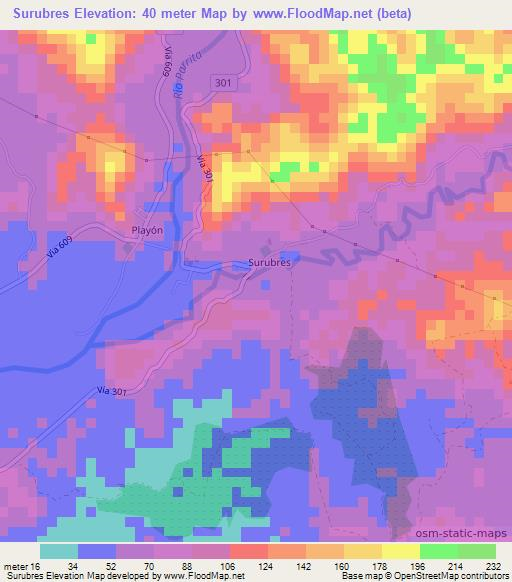 Surubres,Costa Rica Elevation Map